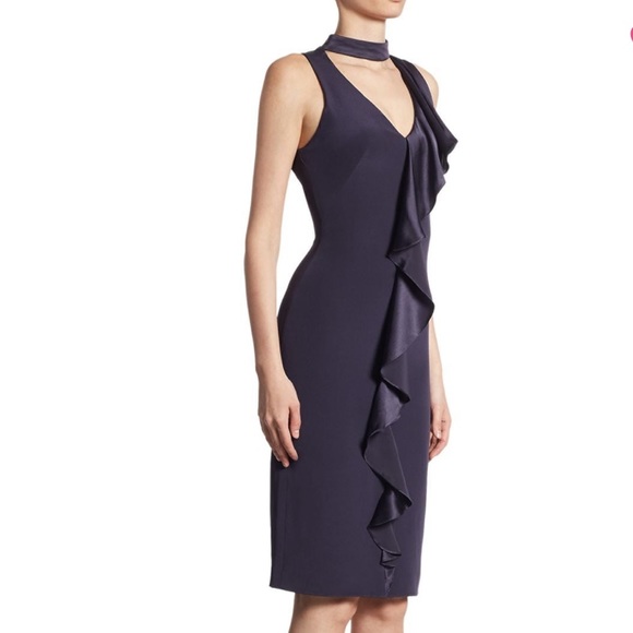 Theia Ruffle front V Neck Choker Dress Size 2 - Picture 2 of 3